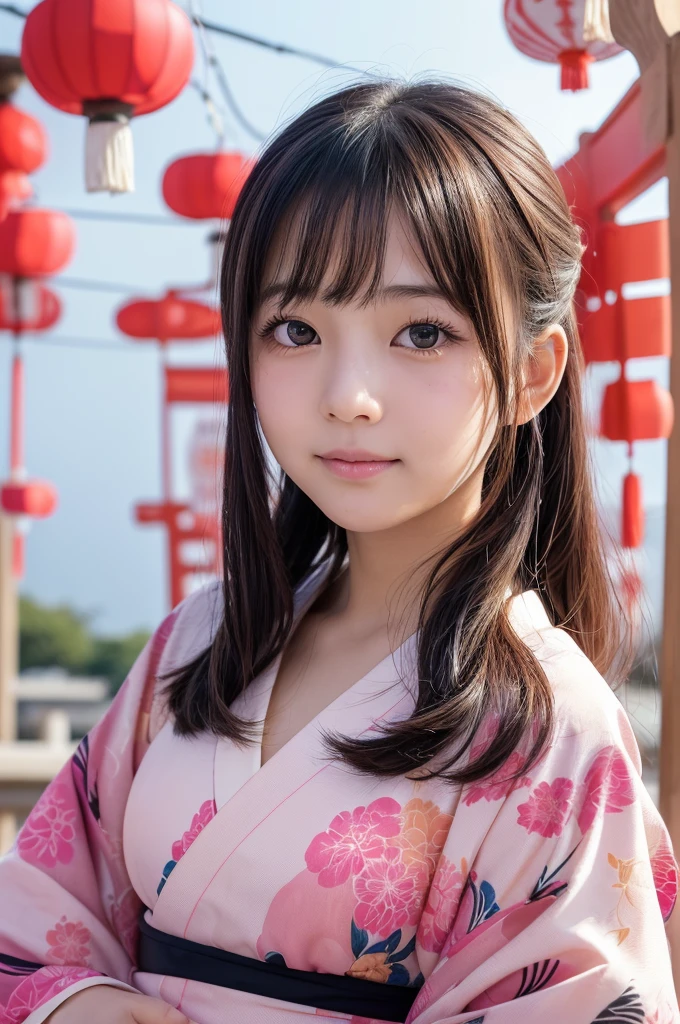 (1 Girl )、(Beautiful Japanese、18years old,round face、Refreshing、clear、seems kind、stylish、Pitiful、cute like an angel、cute、black eyes、(Single eyelid:1.3)、Beautiful skin), {(Japan human face:1.5),(General facial features)} , (((Beautiful breasts:0.4))),(((soft breasts))),(very cute),(Hair tied up),(enchanting eyes),(highlight on eyes:1.2)、(8K、Live shooting、highest quality、masterpiece:1.2、optimal lighting)、((masterpiece)),(Photo taken by a professional photographer),(real、photo real:1.4),BREAK,{(Japanese Yukata),(kimono),(Cute pattern of pink flowers on a white background)},(cheeks are red:1.3), BREAK, BREAK,Face shot:1.3、 face close-up,Looking at fire works,Embarrassed face、Jaw bite,smile、Shy、buzzer、(((1970s vibe)))、dynamic angle、,Lantern、night:1.5,shrine,night空にきれいな花火