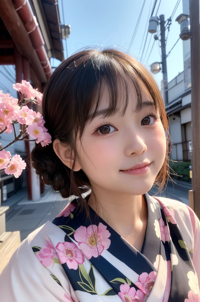 (1 Girl )、(Beautiful Japanese、18years old,round face、Refreshing、clear、seems kind、stylish、Pitiful、cute like an angel、cute、black eyes、(Single eyelid:1.3)、Beautiful skin), {(Japan human face:1.5),(General facial features)} , (((Beautiful breasts:0.4))),(((soft breasts))),(very cute),(Hair tied up),(enchanting eyes),(highlight on eyes:1.2)、(8K、Live shooting、highest quality、masterpiece:1.2、optimal lighting)、((masterpiece)),(Photo taken by a professional photographer),(real、photo real:1.4),BREAK,{(Japanese Yukata),(kimono),(Cute pattern of pink flowers on a white background)},(cheeks are red:1.3), BREAK, BREAK,Face shot:1.3、 face close-up,Looking at fire works,Embarrassed face、Jaw bite,smile、Shy、buzzer、(((1970s vibe)))、dynamic angle、,Lantern、night:1.5,shrine,night空にきれいな花火
