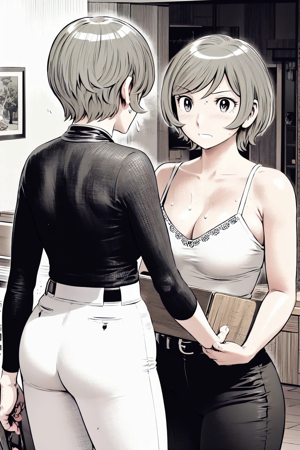 、(masterpiece、Highest quality)、Highest quality, Ultra-high resolution, (((masterpiece))), alone, Sweat、Big eyes,Tight black shirt、Tight white pants、belt、indoor、Composition from the front、(Cut the back hair short、short hair、blonde、woman)、Shortcuts、Embarrassed face、Cut your hair short、可愛いwomanの子、Big Breasts、Inside the room、Full Color、Baseball uniform