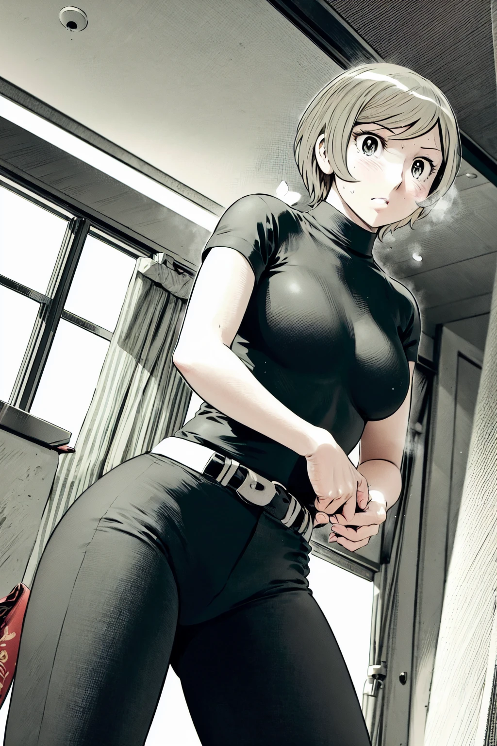、(masterpiece、Highest quality)、Highest quality, Ultra-high resolution, (((masterpiece))), alone, Sweat、Big eyes,Tight black shirt、Tight white pants、belt、indoor、Composition from the front、(Cut the back hair short、short hair、blonde、woman)、Shortcuts、Embarrassed face、Cut your hair short、可愛いwomanの子、Big Breasts、Inside the room、Full Color、Baseball uniform