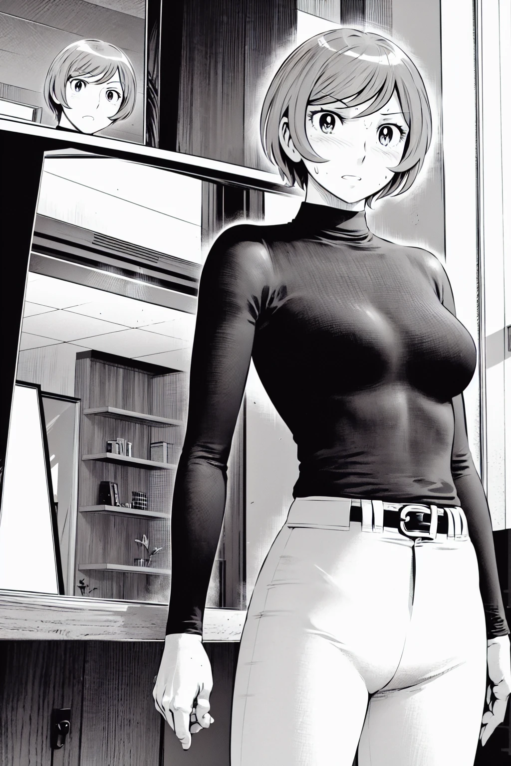 、(masterpiece、Highest quality)、Highest quality, Ultra-high resolution, (((masterpiece))), alone, Sweat、Big eyes,Tight black shirt、Tight white pants、belt、indoor、Composition from the front、(Cut the back hair short、short hair、blonde、woman)、Shortcuts、Embarrassed face、Cut your hair short、可愛いwomanの子、Big Breasts、Inside the room、Full Color、Baseball uniform
