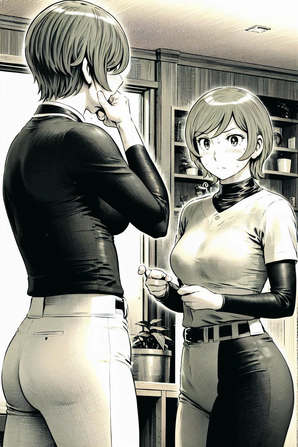 、(masterpiece、Highest quality)、Highest quality, Ultra-high resolution, (((masterpiece))), alone, Sweat、Big eyes,Tight black shirt、Tight white pants、belt、indoor、Composition from the front、(Cut the back hair short、short hair、blonde、woman)、Shortcuts、Embarrassed face、Cut your hair short、可愛いwomanの子、Big Breasts、Inside the room、Full Color、Baseball uniform