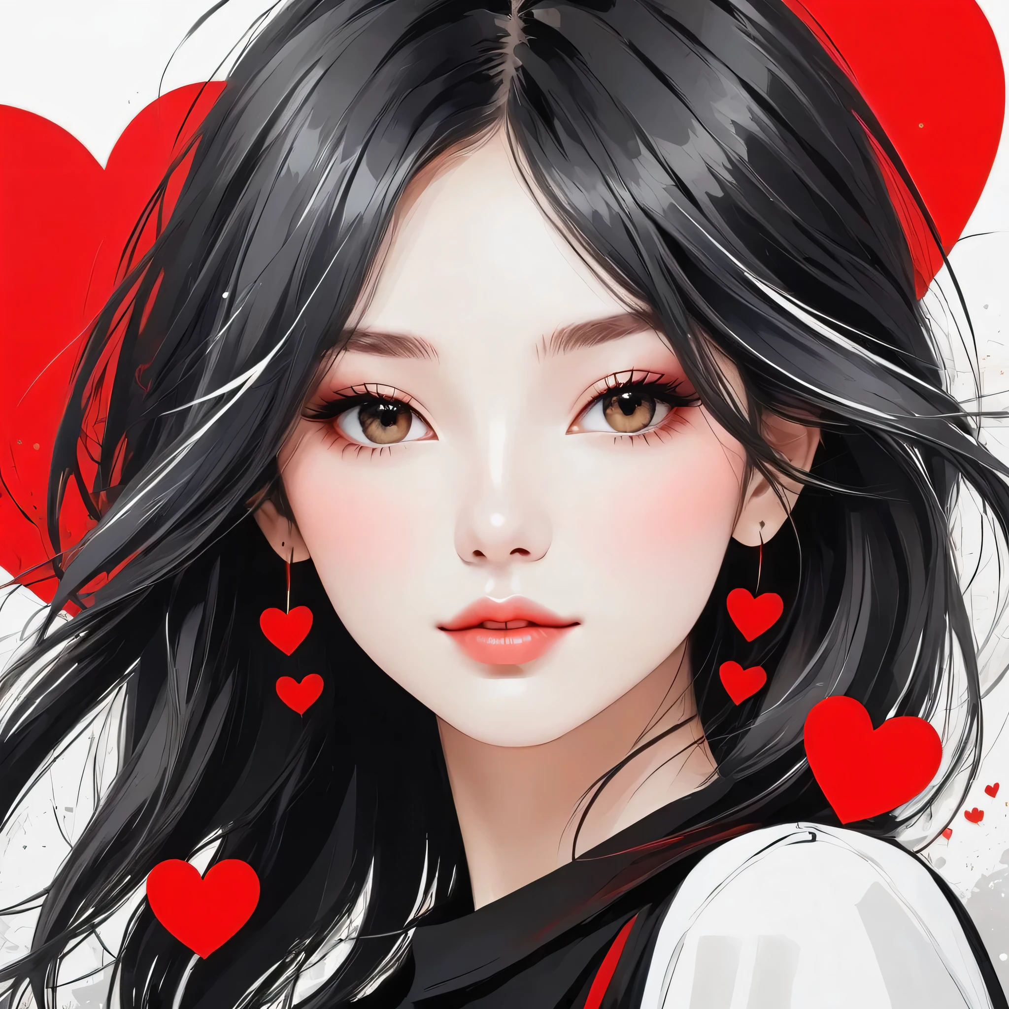 Black Star Red and White style, Simple Line Initialism,Abstract art,Urban Background, colorful hearts ,(((The most beautiful girl of all time))), Sweet face.