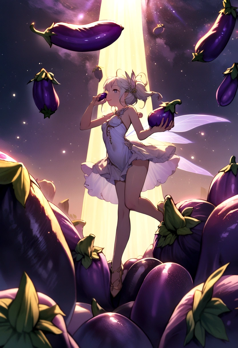 a fairy flying over a pile of EggPlant, holding one EggPlant on her hand