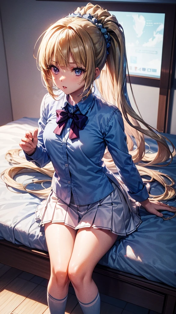 (masterpiece, top quality, best quality, official art, beautiful and aesthetic:1.2), (1girl:1.3), extremely detailed, official artstyle, highest detailed, parted lips,wallpaper, Kei Karuizawa, blonde hair, ponytail hairstyles, violet eyes, bangs, anime girl in white shirt laying in bed, an anime drawing by Kentaro Miura, pixiv, process art, anime best girl, anime visual of a cute girl, shirabii, (anime girl), seductive anime girl, anime hi-fructose, blonde anime girl with long hair, gapmoe yandere