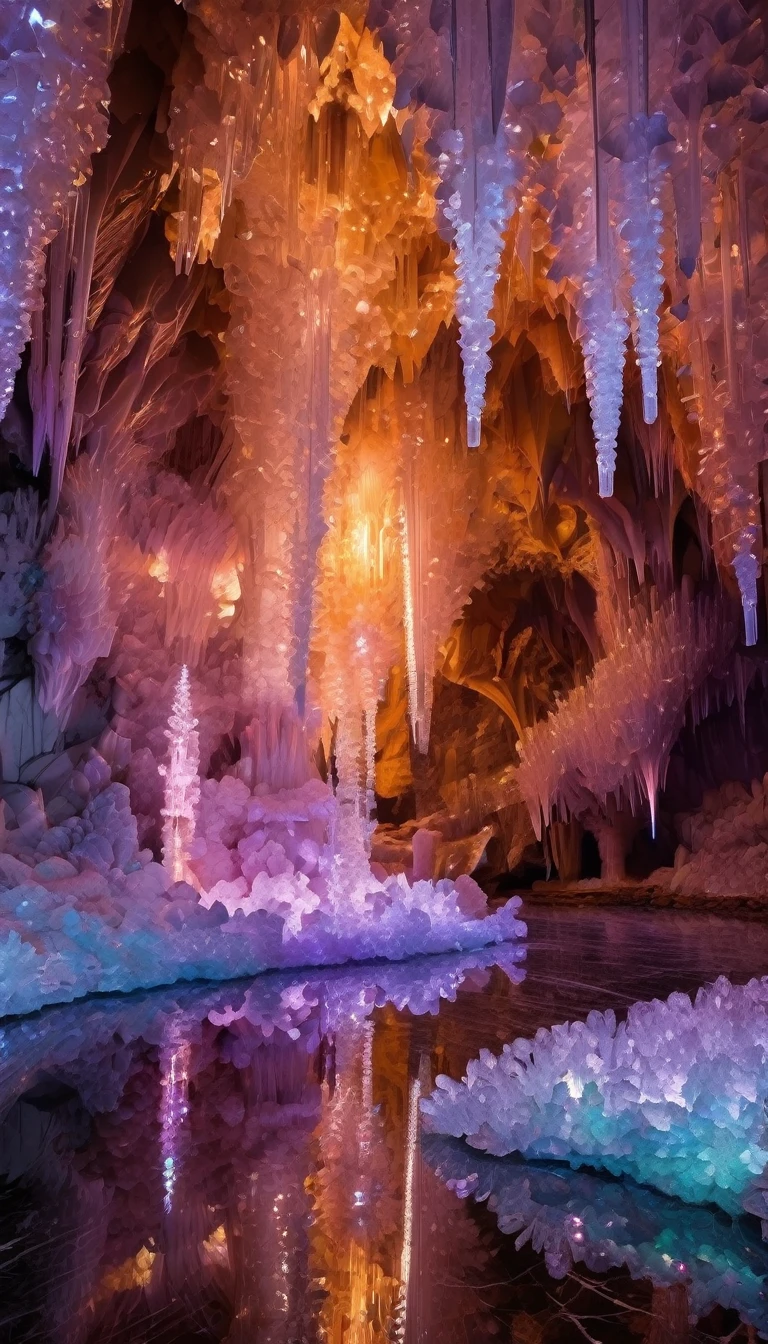 Fantastic cave walls made of mineral crystals,Covered in precious crystals, Crystal clusters, Fractal Art,underground, expedition, Luminous Crystal, Chrysanthemum crystal,Related Mineral Crystals , Mysterious atmosphere, Shining Crystal, Natural Crystal, Sparkling Reflection, underground lake, Secret Treasure, Mineral Structure