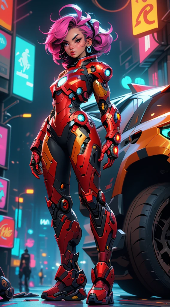 "Create a realistic, highly detailed 8K image of a 20-year-old female space pirate inspired by Iron Man, wearing a shiny, futuristic mech. She is in a cyberpunk-style urban night scene, walking down a street with tall buildings and neon lights. The atmosphere is futuristic and full of adventure, with science fiction elements."