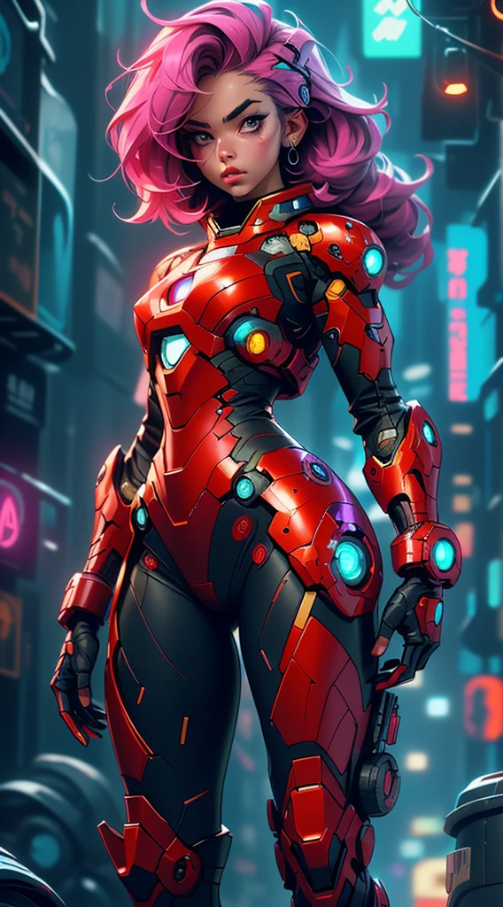 "Create a realistic, highly detailed 8K image of a 20-year-old female space pirate inspired by Iron Man, wearing a shiny, futuristic mech. She is in a cyberpunk-style urban night scene, walking down a street with tall buildings and neon lights. The atmosphere is futuristic and full of adventure, with science fiction elements."