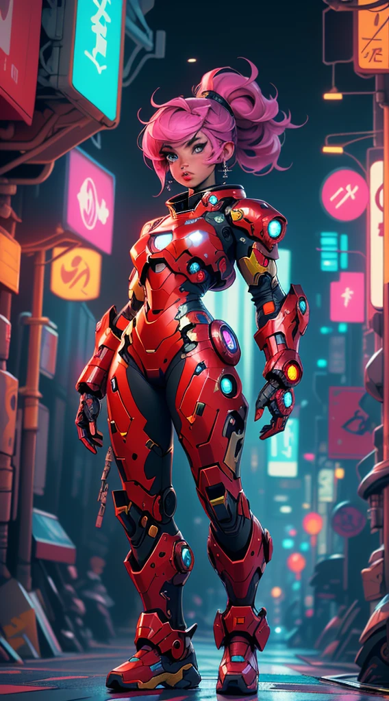 "Create a realistic, highly detailed 8K image of a 20-year-old female space pirate inspired by Iron Man, wearing a shiny, futuristic mech. She is in a cyberpunk-style urban night scene, walking down a street with tall buildings and neon lights. The atmosphere is futuristic and full of adventure, with science fiction elements."