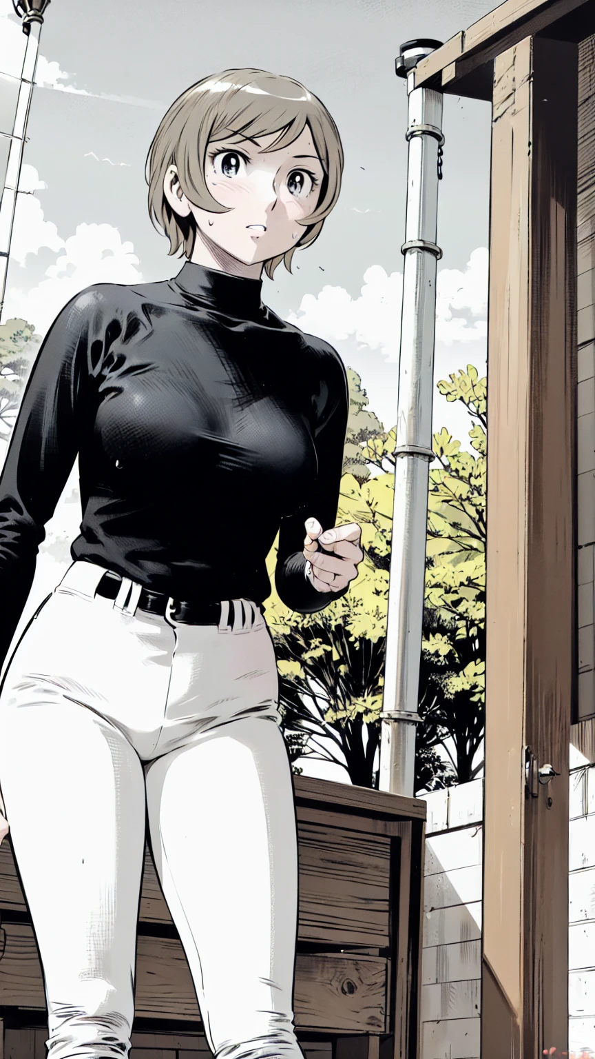 (野球uniform:1.2),
Blonde Hair, (short hair:1.2),Long sleeve, Black Shirt, turtleneck,White trousers、uniform、Black belt、((Illustration of people))、Big 、
View Audience,, (Highest quality:1.3),One Girl, White pants、uniform、Outdoor、baseball ground、ground、soil、blue eyes、Tight black shirt、(masterpiece、Highest quality)、Highest quality, Ultra-high resolution, (((masterpiece))), alone, Sweat、Big eyes、Big Breasts、One Girl, Front view、Embarrassed face、Bronze colored hair、((short hair))、Stand up straight