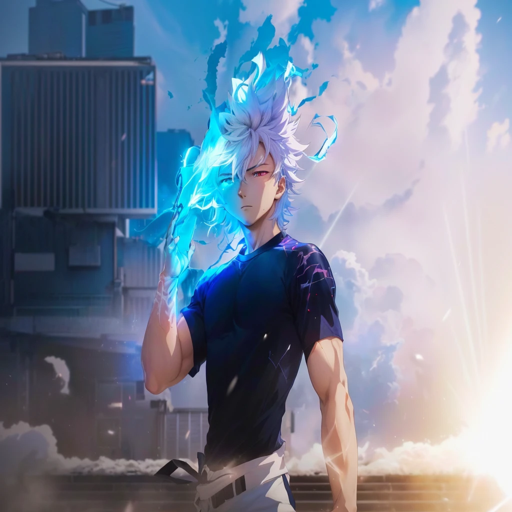 anime character with a blue light coming out of his head, anime rudo 8k, manga wallpaper 4k, an epic anime of a man of energy, epic anime style, 4k anime wallpaper, Nagito komaeda, Advanced Anime Digital Art, advanced digital anime art, ultra instinct, epic anime shot in 8k high definition, epic anime artwork, 4K anime style