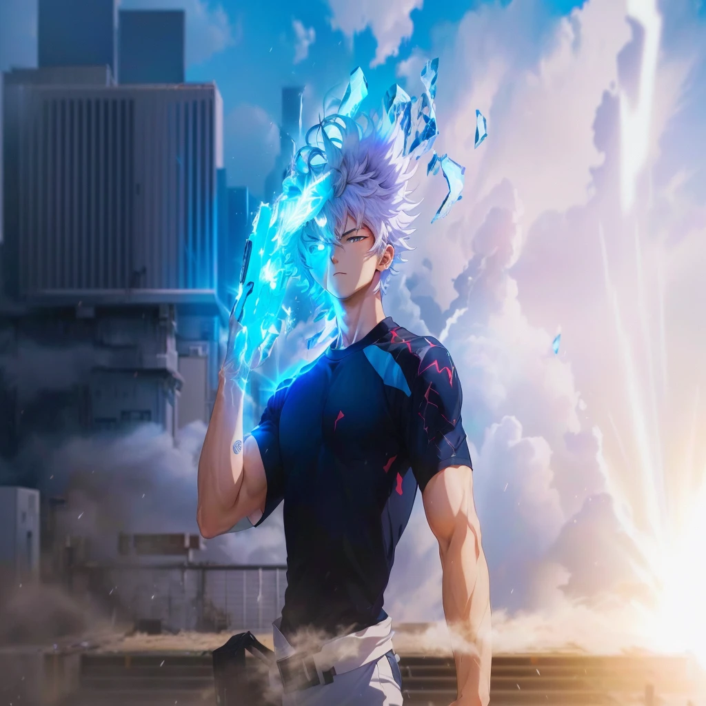 anime character with a blue light coming out of his head, anime rudo 8k, manga wallpaper 4k, an epic anime of a man of energy, epic anime style, 4k anime wallpaper, Nagito komaeda, Advanced Anime Digital Art, advanced digital anime art, ultra instinct, epic anime shot in 8k high definition, epic anime artwork, 4K anime style