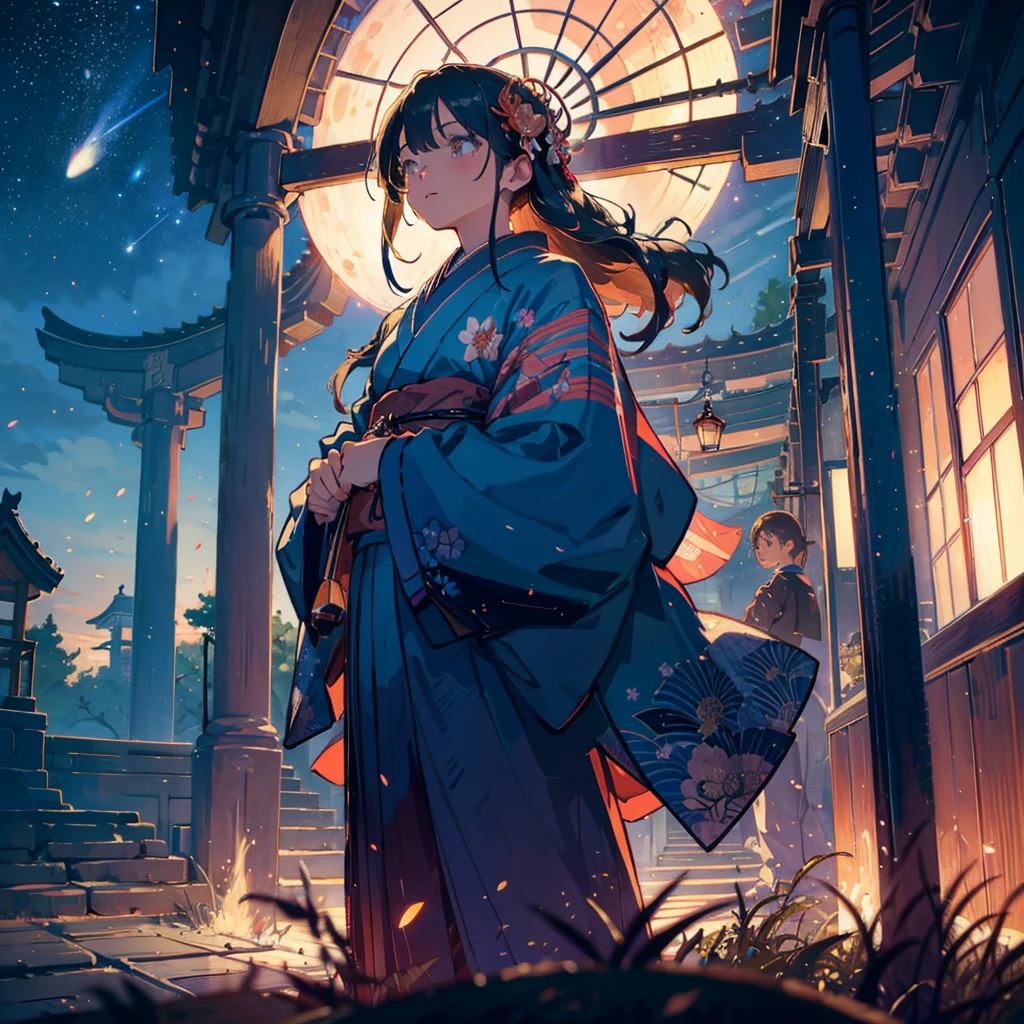 (masterpiece), (high resolution 8K), professional illustration,(1 girl:1.3), late teenage, standing, thigh focus, dutch angle, japanese clothes, kimono, hair ornament, long hair, smile, looking up, shrine, temple, torii, beautiful starry sky, night,natural lighting, high contrast, stunning face, symmetrical clear eyes, detailed eyes and face, detailed skin