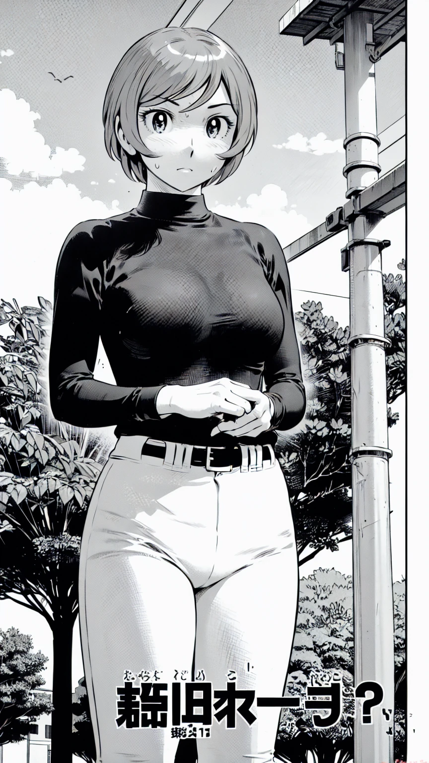 (野球uniform:1.2),
Blonde Hair, (short hair:1.2),Long sleeve, Black Shirt, turtleneck,White trousers、uniform、Black belt、((Illustration of people))、Big 、
View Audience,, (Highest quality:1.3),One Girl, White pants、uniform、Outdoor、baseball ground、ground、soil、blue eyes、Tight black shirt、(masterpiece、Highest quality)、Highest quality, Ultra-high resolution, (((masterpiece))), alone, Sweat、Big eyes、Big Breasts、One Girl, Front view、Embarrassed face、Bronze colored hair、((short hair))、Stand up straight