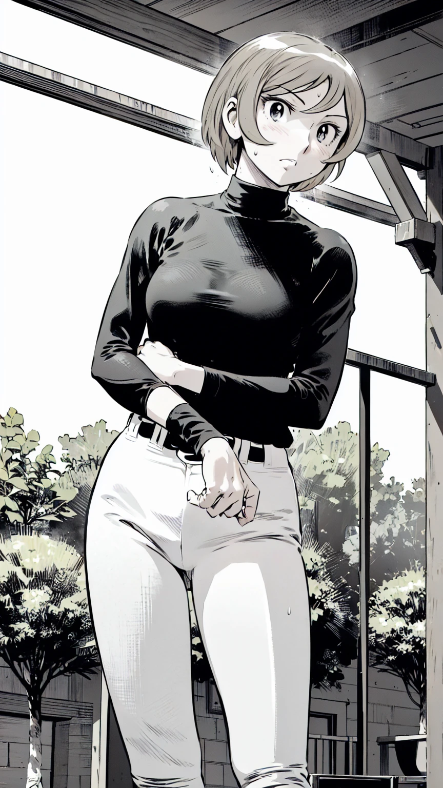 (野球uniform:1.2),
Blonde Hair, (short hair:1.2),Long sleeve, Black Shirt, turtleneck,White trousers、uniform、Black belt、((Illustration of people))、Big 、
View Audience,, (Highest quality:1.3),One Girl, White pants、uniform、Outdoor、baseball ground、ground、soil、blue eyes、Tight black shirt、(masterpiece、Highest quality)、Highest quality, Ultra-high resolution, (((masterpiece))), alone, Sweat、Big eyes、Big Breasts、One Girl, Front view、Embarrassed face、Bronze colored hair、((short hair))、Stand up straight
