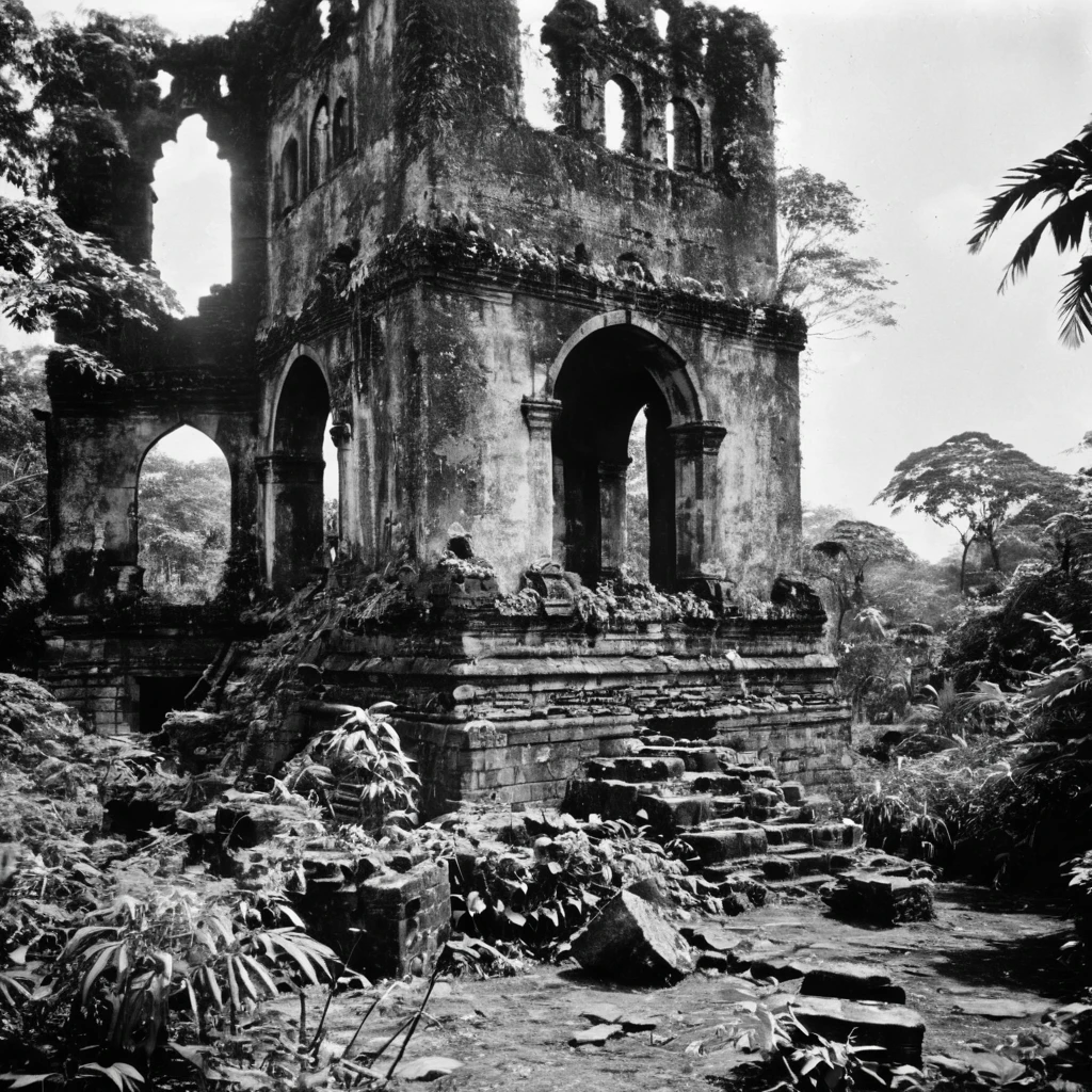 Very old photos, old-fashioned, Black and white photography, jungle, Ruins of a large tower, Not distinct, Out of focus