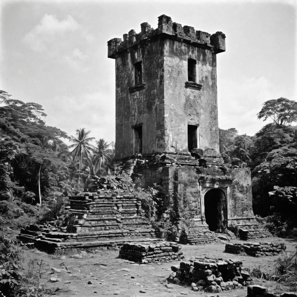 Very old photos, old-fashioned, Black and white photography, jungle, Ruins of a large tower, Not distinct, Out of focus