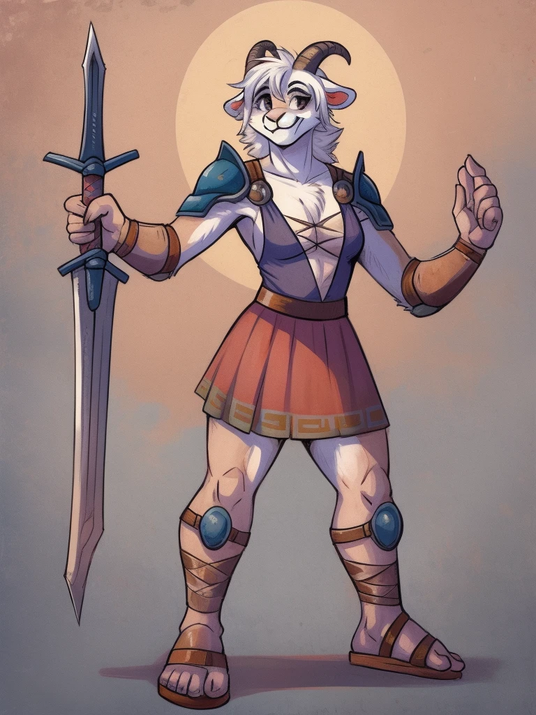 1girl, furry, furry_female, goat_ears, goat_girl, smile, solo, wearing  armor, gladiator flat sandals, gladiator skirt, humanoid feet, holding sword