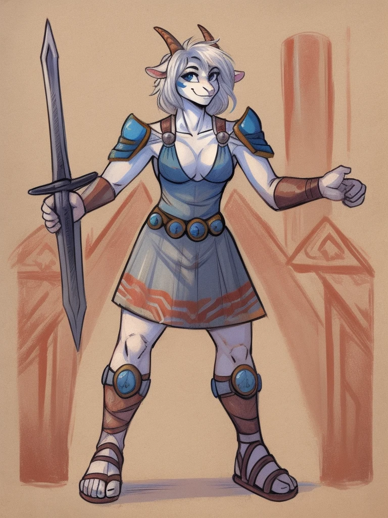 1girl, furry, furry_female, goat_ears, goat_girl, smile, solo, wearing armor, gladiator flat sandals, gladiator skirt, humanoid feet, holding sword