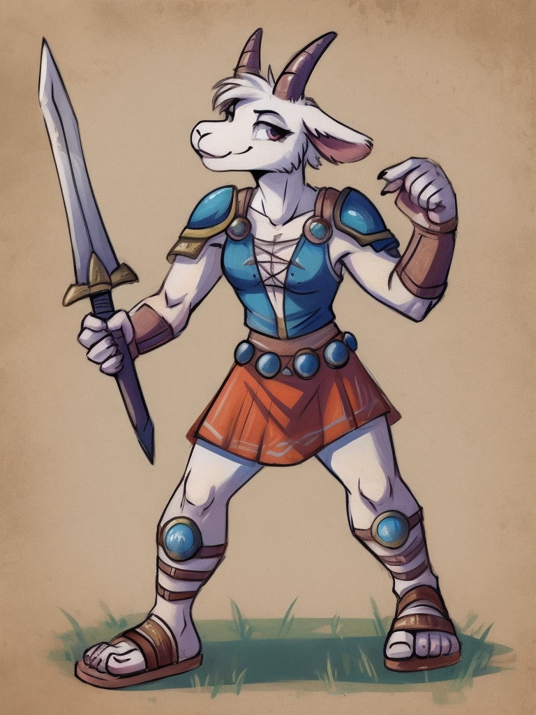 1girl, furry, furry_female, goat_ears, goat_girl, smile, solo, wearing armor, gladiator flat sandals, gladiator skirt, humanoid feet, holding sword