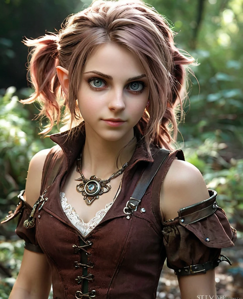 cute elf, (teenage elf  with extremely cute eyes)), (((elf))), ((((high resolution))), (((extremely detailed))), ((masterpiece)), looks like Aerith Gainsborough, dramatic shadows, depth of field, analog photo style, (world in which are collide steampunk and postapocalyptic vibes), postapocalyptic cute female in steampunk aesthetic, torn dirty clothes, depth of field, full body shot, unzoomed, (perfect body: 1.4), (sidecut short hairstyle), (stalking is quite common, although not the best way to make a living), stylized atmosphere of unreality, dark atmosphere, dynamic pose, in motion, Armageddon, increase cinematic lighting, highly lifelike skin texture, parted lips, weary eyes, fine eyes, whitened skin, random hair colour, doomsday aura