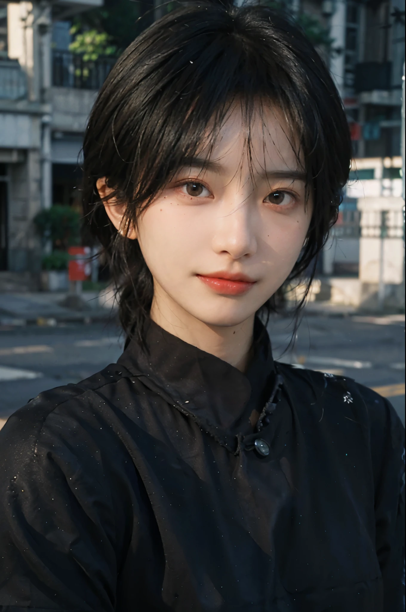 (Skin details:1.4), (smooth skin textures:1.3), (Upper body:1.4),(Upper Body:1.3),(Black clothes:1.4),Lipstick, background, earrings, serene, calm, (Realistic and detailed eyes:1.2), Natural skin texture, Realistic facial details, Soft dramatic lighting, Vivid details, 35 mm film, outdoor, (Photo Practical:1.4), (hyper Practical:1.4), (Practical:1.3), (Smoother lighting:1.05), (Improve lighting quality:0.9), (Highest quality real skin textures:1.4), Exquisite eyes, Delicate face, Close-up of face, (Enhance the beauty of skin texture:1.1),0Normal body proportions, short hair, Moles under the eyes, A faint smile,Portrait Photography, Depth of Field, Bokeh, Surrealism, Ray Tracing, (Portrait Photography:1.1), Surrealism, High Detail, Chiaroscuro, Ray Tracing, reflected light, Ultra HD, Ultra HD, masterpiece, Textured Skin, Super Detail, High Detail, high quality, best quality