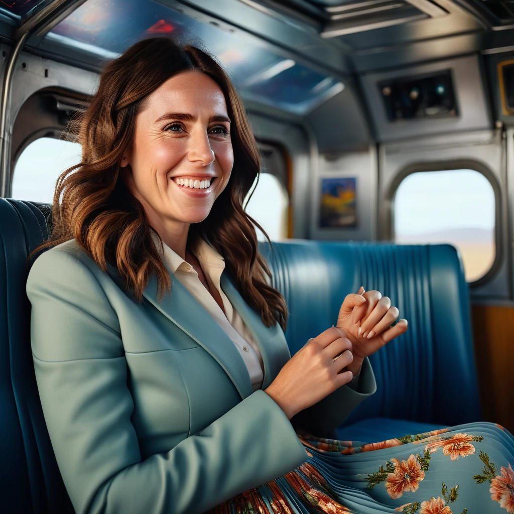 Insatiable Skirt lover and kind, shy woman Jacinda Ardern has Intense Orgasming love for her skirt, sitting and wearing (long pleated full circle skirt), uniform jacket and strapless low pump office shoes, (pronounced (feminine) features), (very windy), skirt is flowing wildly in the wind, inside a spaceship travelling through deep space, very, very intricate hyper-detailed symmetric (attractive graceful young feminine face) with (sad, tired eyes and a loving smile), very voluptuous breasts, full of empathy and compassion and love, (pronounced (feminine) features), (highly detailed ultra accurate realistic) hands and fingers, (windy), epic composition, highly detailed attributes, (35mm f1.4 Kodak portra 400 photograph), extremely high quality RAW photograph, highly detailed atmosphere, sci-fi, cinematic shot, dynamic lighting, 75mm, Technicolor, Panavision, cinemascope, sharp focus, fine details, 8k, HDR, realism, realistic, key visual, film still, superb cinematic color grading, depth of field