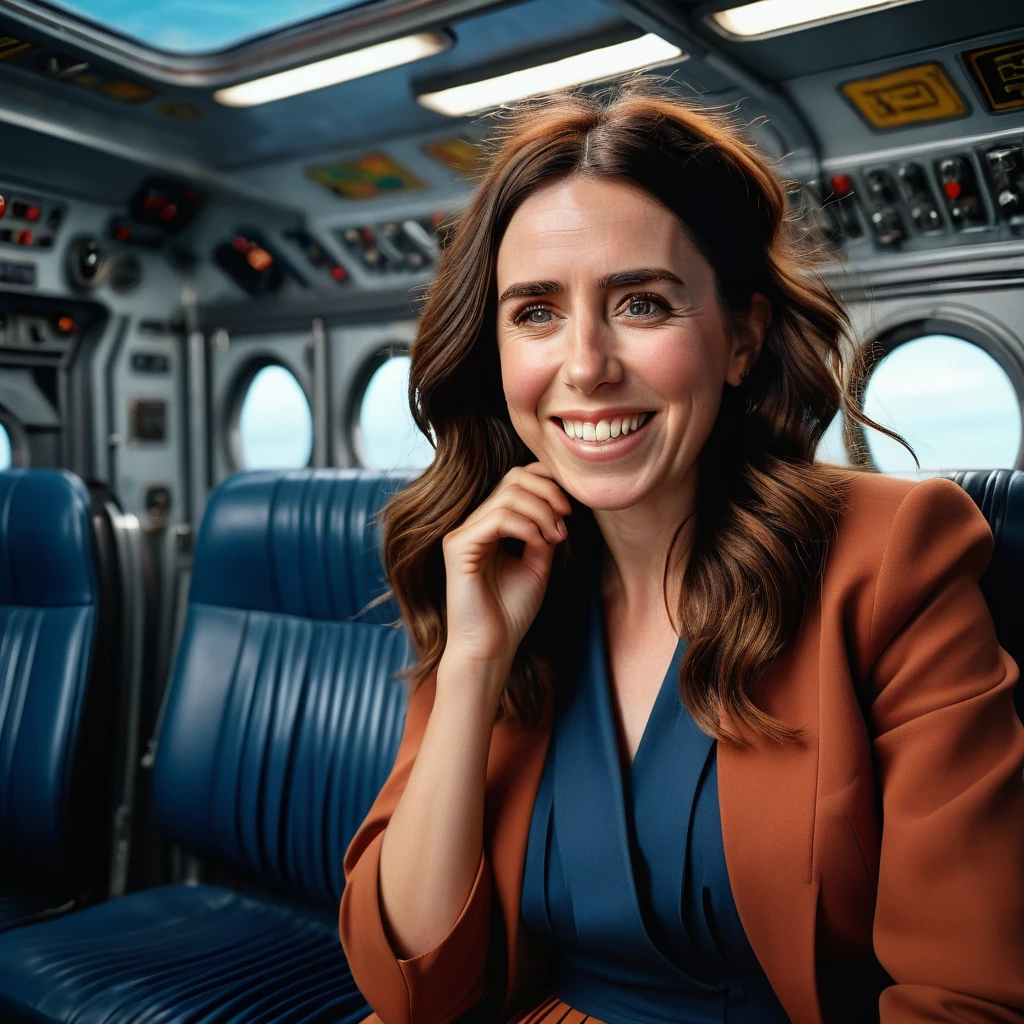 Insatiable Skirt lover and kind, shy woman Jacinda Ardern has Intense Orgasming love for her skirt, sitting and wearing (long pleated full circle skirt), uniform jacket and strapless low pump office shoes, (pronounced (feminine) features), (very windy), skirt is flowing wildly in the wind, inside a spaceship travelling through deep space, very, very intricate hyper-detailed symmetric (attractive graceful young feminine face) with (sad, tired eyes and a loving smile), very voluptuous breasts, full of empathy and compassion and love, (pronounced (feminine) features), (highly detailed ultra accurate realistic) hands and fingers, (windy), epic composition, highly detailed attributes, (35mm f1.4 Kodak portra 400 photograph), extremely high quality RAW photograph, highly detailed atmosphere, sci-fi, cinematic shot, dynamic lighting, 75mm, Technicolor, Panavision, cinemascope, sharp focus, fine details, 8k, HDR, realism, realistic, key visual, film still, superb cinematic color grading, depth of field