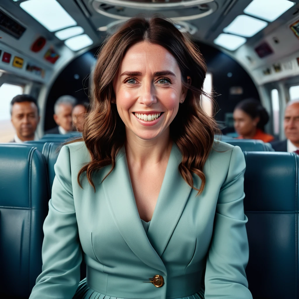 Insatiable Skirt lover and kind, shy woman Jacinda Ardern has Intense Orgasming love for her skirt, sitting and wearing (long pleated full circle skirt), uniform jacket and strapless low pump office shoes, (pronounced (feminine) features), (very windy), skirt is flowing wildly in the wind, inside a spaceship travelling through deep space, very, very intricate hyper-detailed symmetric (attractive graceful young feminine face) with (sad, tired eyes and a loving smile), very voluptuous breasts, full of empathy and compassion and love, (pronounced (feminine) features), (highly detailed ultra accurate realistic) hands and fingers, (windy), epic composition, highly detailed attributes, (35mm f1.4 Kodak portra 400 photograph), extremely high quality RAW photograph, highly detailed atmosphere, sci-fi, cinematic shot, dynamic lighting, 75mm, Technicolor, Panavision, cinemascope, sharp focus, fine details, 8k, HDR, realism, realistic, key visual, film still, superb cinematic color grading, depth of field