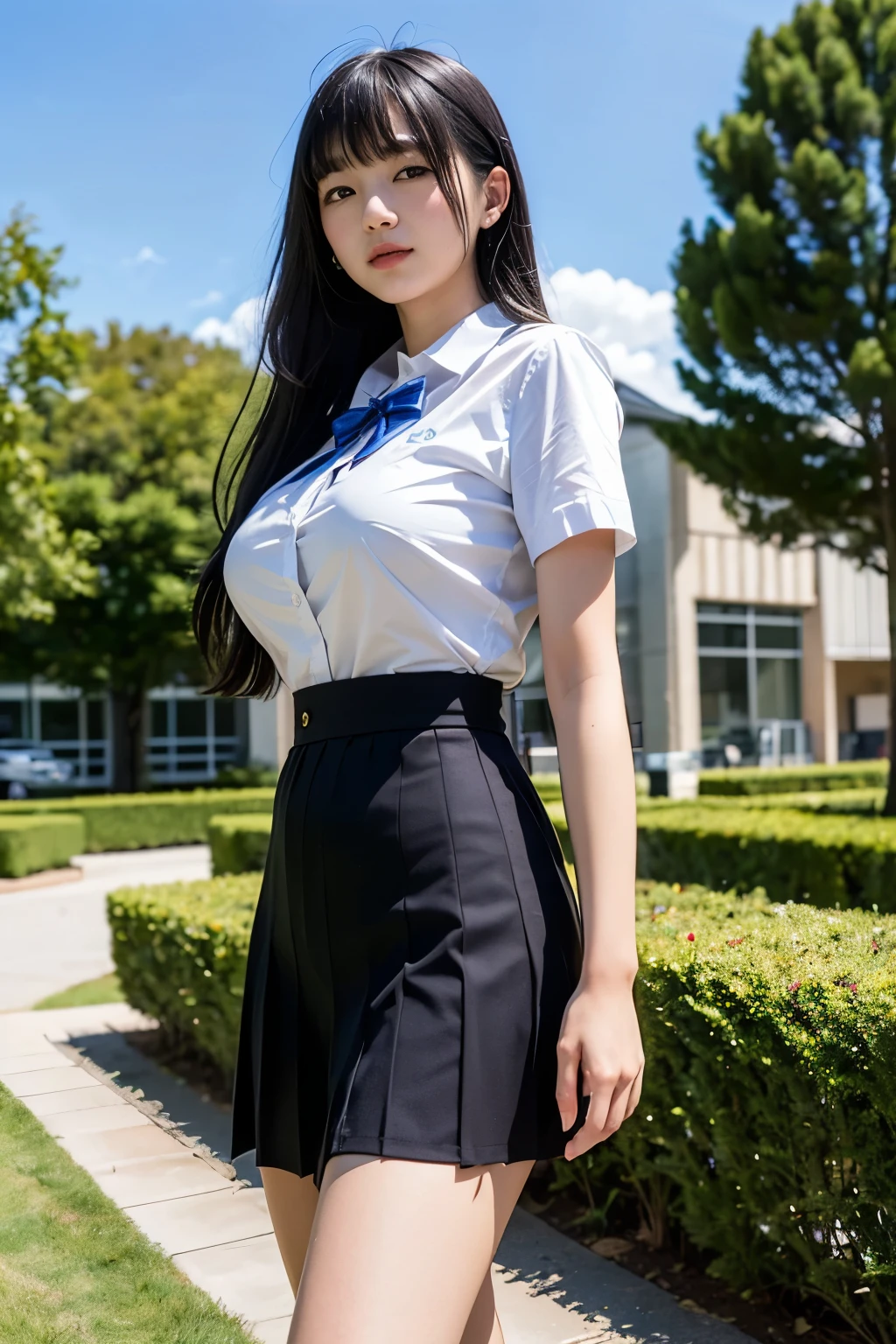 (Highest quality, 8K, 32k, masterpiece, Ultra-high resolution:1.2), Cute Japanese Girl, (Huge breasts:1.1), Long black hair, bangs, (school uniform), Tight waist, (Outdoor, garden, blue sky),(high school girl),