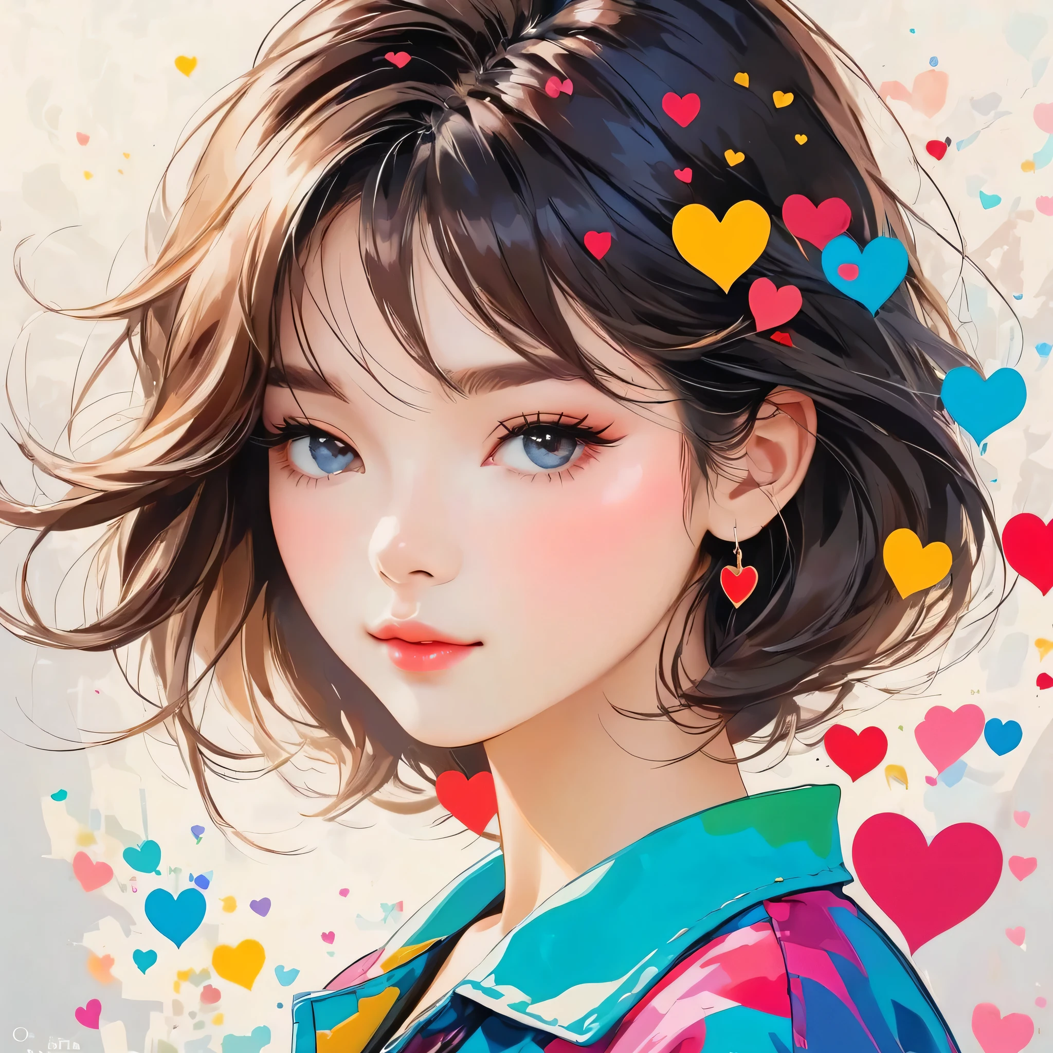 Mika Pikazo style, Simple Line Initialism，Abstract art，Urban Background, colorful hearts ,(((The most beautiful girl of all time))), Sweet face.