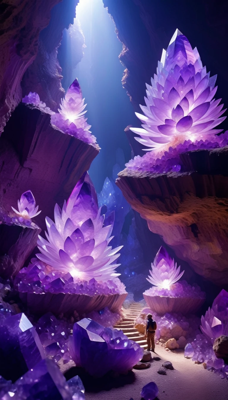 Miners working in amethyst geodess,Huge amethyst geodes, amazing amethyst geodes, geodes, ドゥルーズgeodes, amethyst, Amazing mineral art,Amazing detail, 8K,Fantastic cave walls made of mineral crystals,Covered in precious crystals, Crystal clusters, Fractal Art,underground, expedition, Luminous Crystal, Chrysanthemum crystal,Related Mineral Crystals , Mysterious atmosphere, Shining Crystal, Natural Crystal, Sparkling Reflection, underground lake, Secret Treasure, Mineral Structure