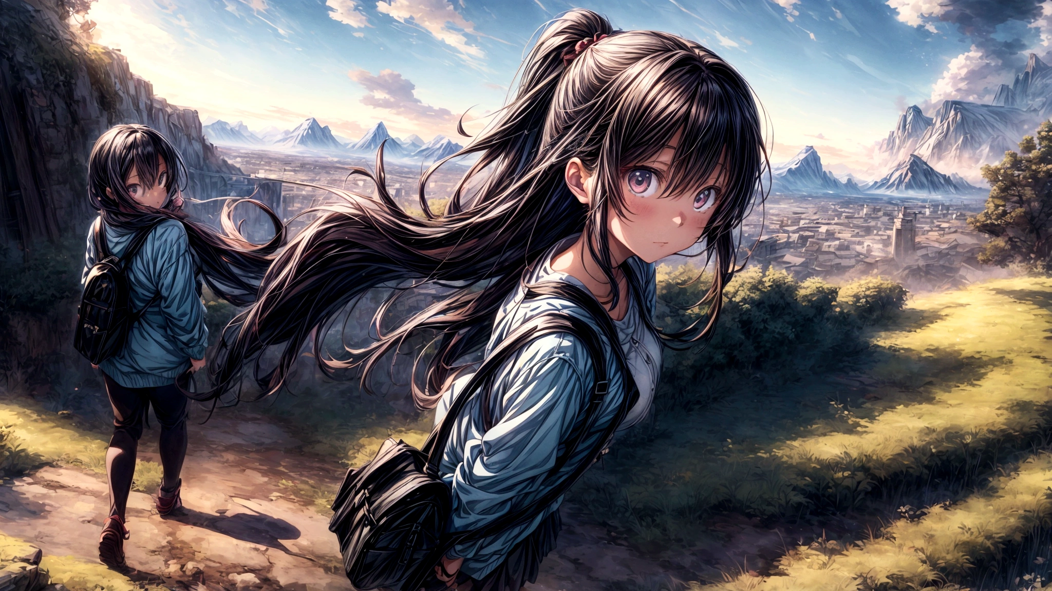 An anime-style image of a young woman journeying through a vast, mysterious world. She is shown walking with a determined expression, carrying a bag and looking out at the endless roads ahead. The background includes diverse landscapes such as mountains, forests, and open skies, depicted with soft, pastel colors to create a dreamy and adventurous mood. The scene captures the essence of adventure, hope, and the excitement of new discoveries. The image should be in a 16:9 aspect ratio.A vast world
