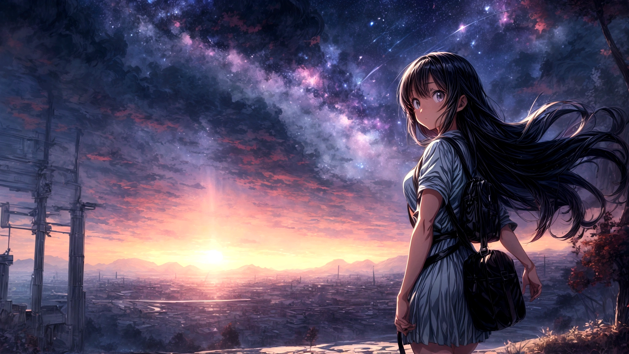An anime-style image of a young woman journeying through a vast, mysterious world. She is shown walking with a determined expression, carrying a bag and looking out at the endless roads ahead. The background includes diverse landscapes such as mountains, forests, and open skies, depicted with soft, pastel colors to create a dreamy and adventurous mood. The scene captures the essence of adventure, hope, and the excitement of new discoveries. The image should be in a 16:9 aspect ratio.A vast world