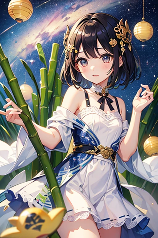 Highest quality、whole body、Black Hair、Iris、short hair、girl、cute、16 years old、、Small hair ornament、1 person、Tanabata、Bamboo ornament、Strip、milky way