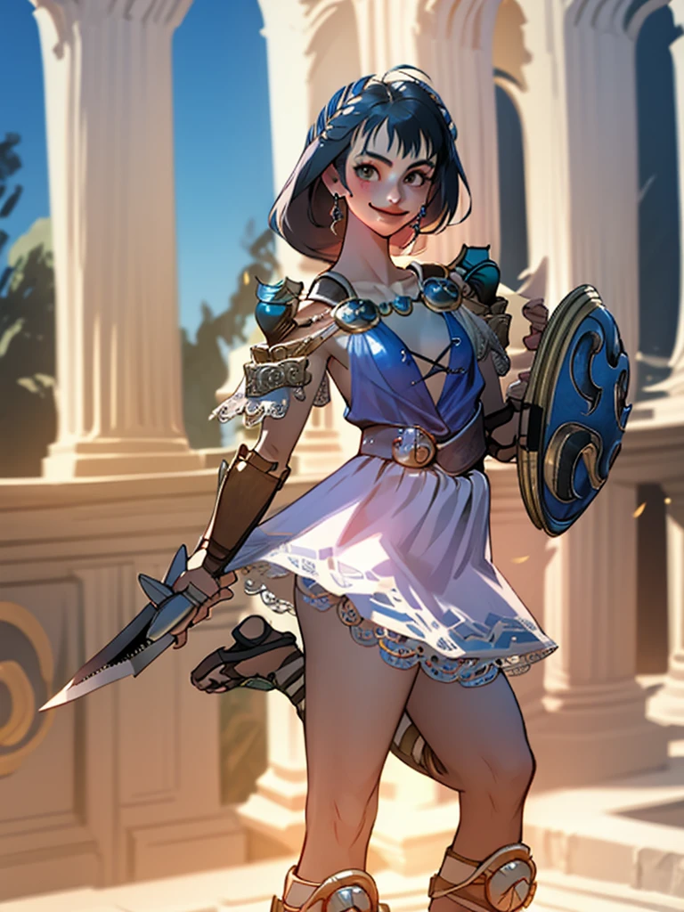1girl, smile, solo, wearing roman armor, gladiator flat sandals, gladiator skirt, humanoid feet, holding sword, nose ring, septum piercing ring