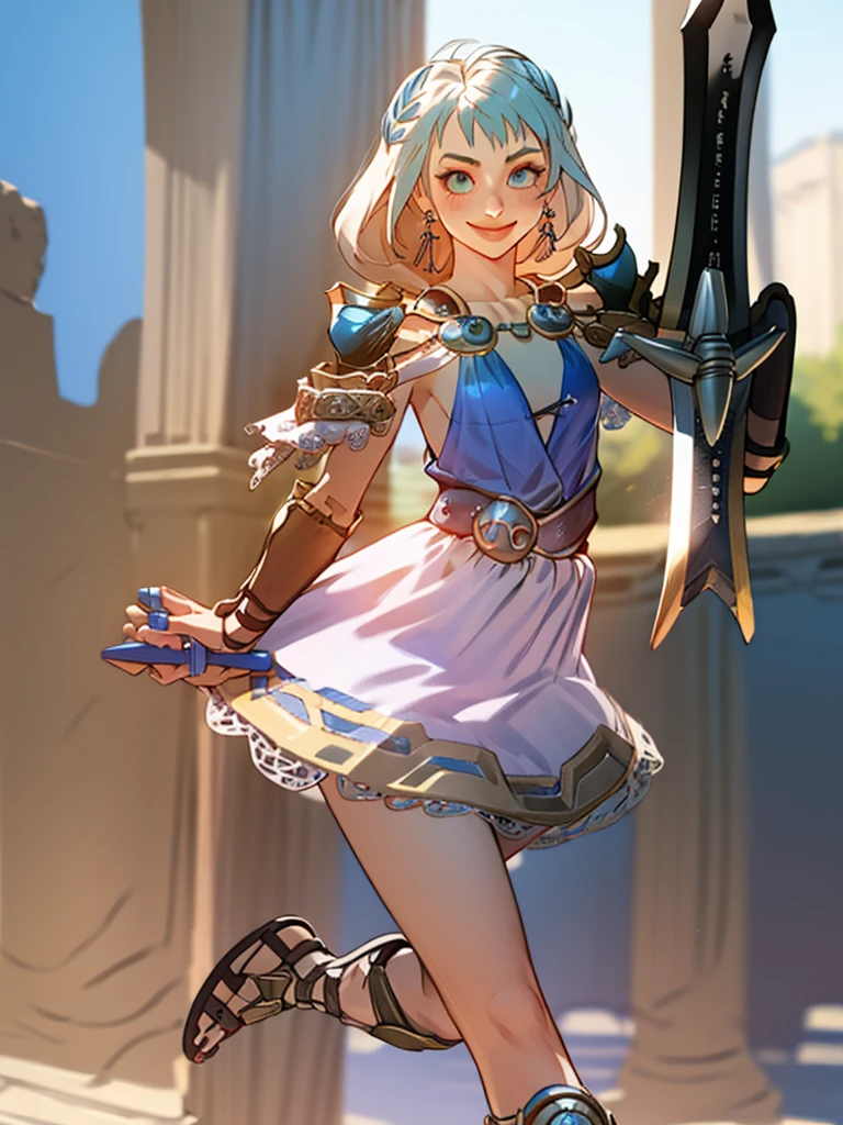 1girl, smile, solo, wearing roman armor, gladiator flat sandals, gladiator skirt, humanoid feet, holding sword, nose ring, septum piercing ring