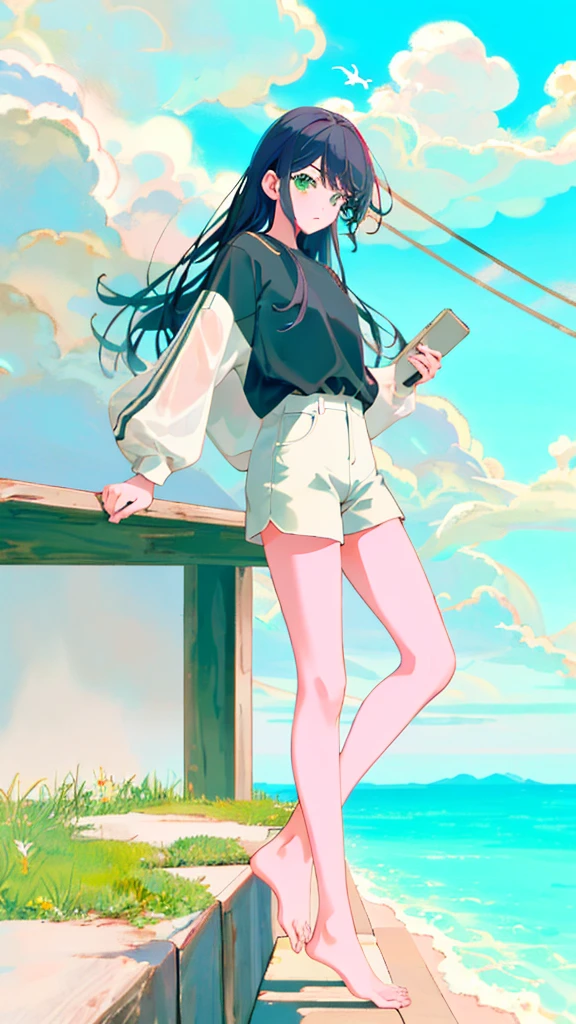 masterpiece, Exquisite detail,Highest quality, One girl, alone, handrail, cloud, 立ってNULLを見上げている,Long Hair, shoes, NULL, Long sleeve, sneakers, Power lines, White footwear, Black Hair, View your viewers, Electric pole, bangs, cloudy NULL, fish, bird, Green Eyes, Shorts, animal, Day, Black Shirt, barefoot