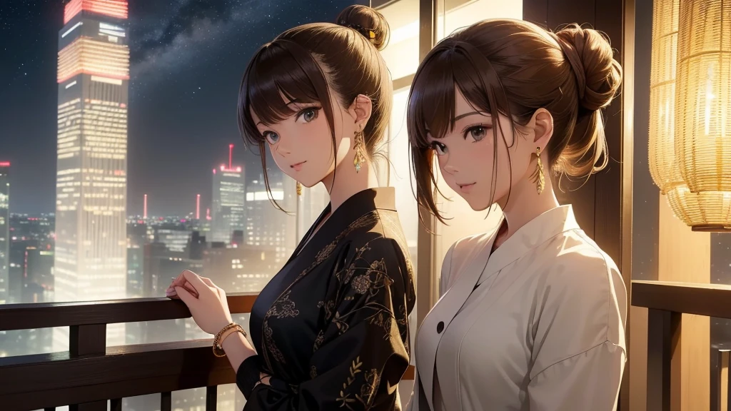 (Very detailed,High resolution,masterpiece:1.2)Night view from the balcony or terrace of a high-rise apartment building in Japan, Starry Sky、milky way、Tanabata bamboo decorations: Focus on women in their 20s to 40s with calm expressions. Light brown hair. She is wearing a jacket over a long-sleeved top.、Earring Accessories, bracelet, clock. .(Highest quality:1.2), Very detailed, High resolution, Tabletop:1,2, Vibrant colors, Bokeh, Professional Lighting, Physically Based Rendering, Flat Color:0.8, Fine 図, Realistic:1.37, Shinkai Makoto style, Your name style, Light brown hair, Elegant update,ponytail,Hair Bun。。(masterpiece: 1,2)、(masterpiece: 1,2)、High resolution、超High resolution、Highest quality、High resolution、