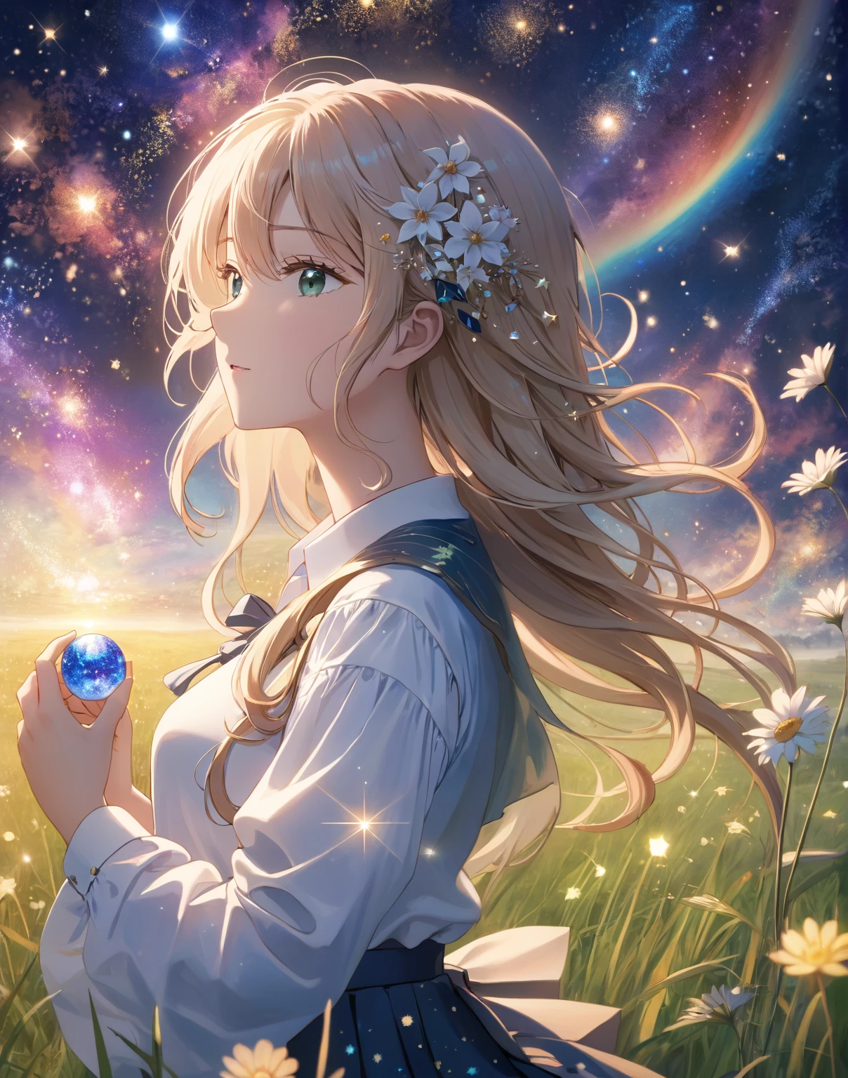 超detailedなイラスト:1.2),Very delicate and beautiful，非常にdetailed，CG，Unity，8k wallpaper，wonderful，detailed，masterpiece，The best quality in the best condition，Official Art，非常にdetailed CG 8k Unbelievably ridiculous resolution,Beautiful and exquisite,High resolution，非常にdetailedな目と顔,1 Girl, Crafting,  Starry Sky. sf. grassland. petal. 
White shirt, skirt, Wind. 
超detailed, Highest quality.