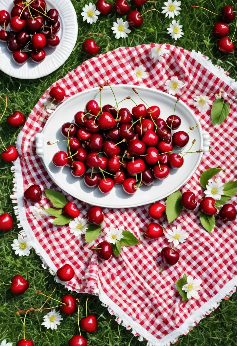 Create a top-down focus photo on a lawn with picnic cloth and platter full of shiny realistic cherries, realistic photo of a day at the park, white flowers around 80s style pinterest style photo Aesthetics