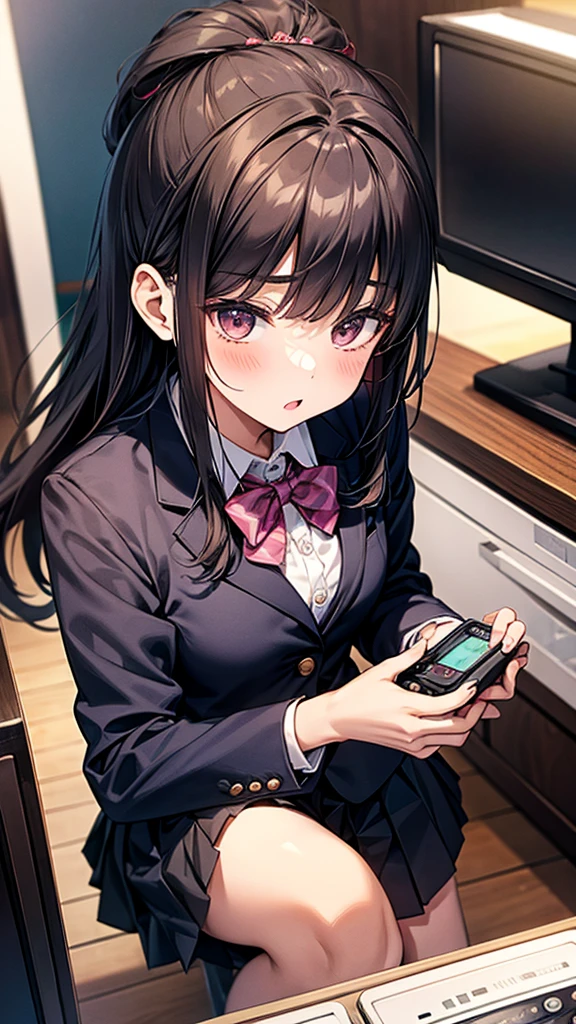 High school girls in blazers and pleated skirts、With cute hair accessories、Gathered around a VCR、Playing with Tamagotchi。