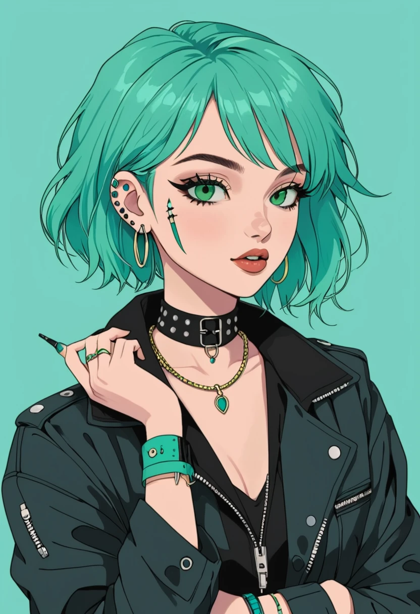 1girl,aqua background,bandaid,bandaid on face,bandaid on hand,black nails,blue nails,ear piercing,earrings,green background,green nails,jacket,jewelry,nail polish,piercing,ring,simple background,solo,v