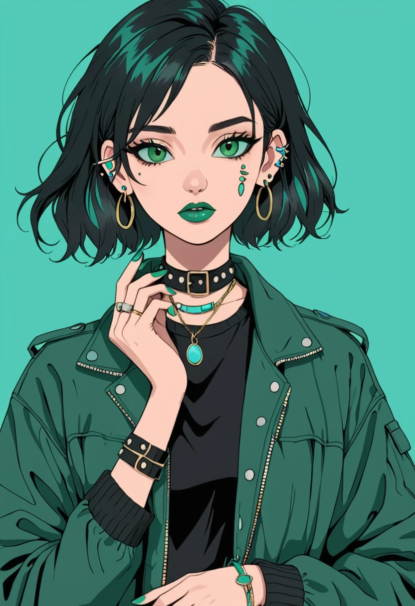 1girl,aqua background,bandaid,bandaid on face,bandaid on hand,black nails,blue nails,ear piercing,earrings,green background,green nails,jacket,jewelry,nail polish,piercing,ring,simple background,solo,v