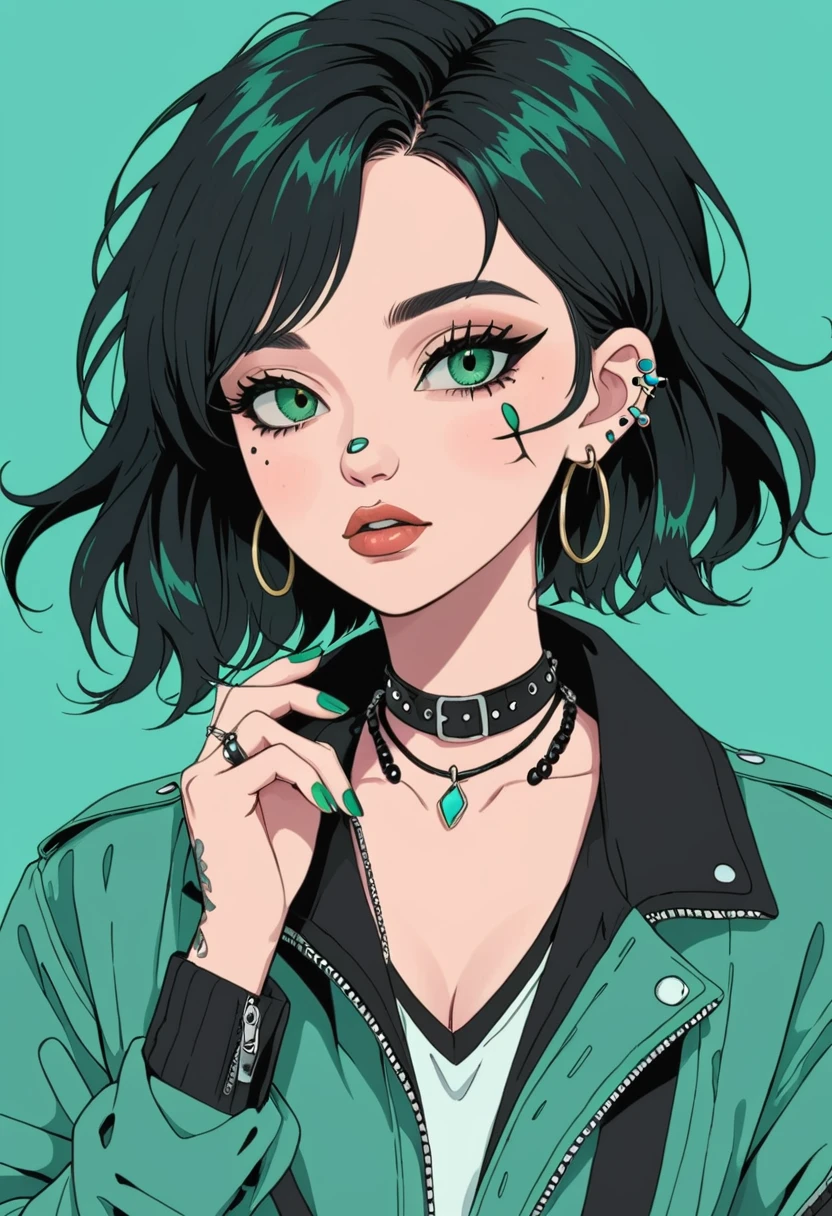 1girl,aqua background,bandaid,bandaid on face,bandaid on hand,black nails,blue nails,ear piercing,earrings,green background,green nails,jacket,jewelry,nail polish,piercing,ring,simple background,solo,v