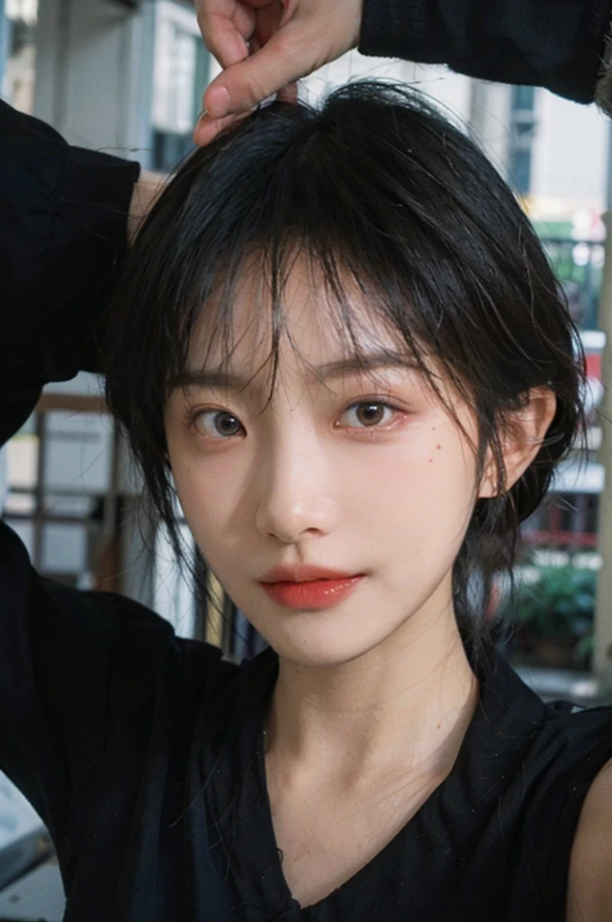 (Skin details:1.4), (smooth skin textures:1.3), （Upper body：1.4），（Upper Body：1.3)，(Black clothes:1.4)，Lipstick, background, earrings, serene, calm, (Realistic and detailed eyes：1.2）, Natural skin texture, Realistic facial details, Soft dramatic lighting, Vivid details, 35 mm film, outdoor, (Photo Practical:1.4), (hyper Practical:1.4), (Practical:1.3), (Smoother lighting:1.05), (Improve lighting quality:0.9), (Highest quality real skin textures:1.4), Exquisite eyes, Delicate face, Close-up of face, (Enhance the beauty of skin texture:1.1),0Normal body proportions, short hair, Moles under the eyes, A faint smile,Portrait Photography, Depth of Field, Bokeh, Surrealism, Ray Tracing, (Portrait Photography:1.1), Surrealism, High Detail, Chiaroscuro, Ray Tracing, reflected light, Ultra HD, Ultra HD, masterpiece, Textured Skin, Super Detail, High Detail, high quality, best quality