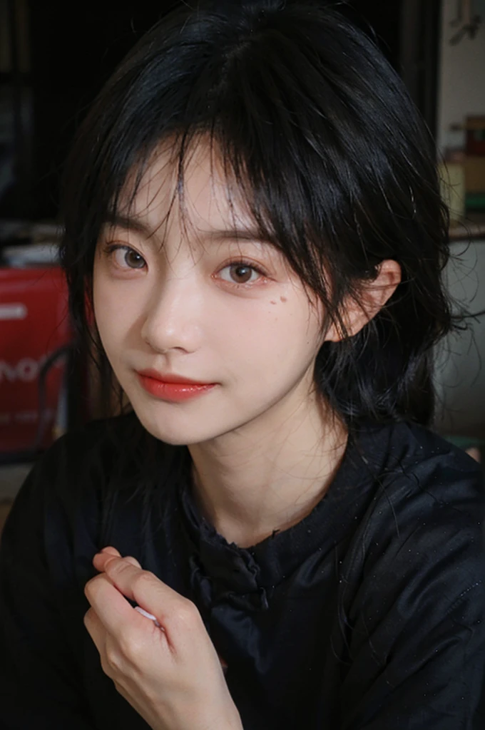 (Skin details:1.4), (smooth skin textures:1.3), (Upper body:1.4),(Upper Body:1.3),(Black clothes:1.4),Lipstick, background, earrings, serene, calm, (Realistic and detailed eyes:1.2), Natural skin texture, Realistic facial details, Soft dramatic lighting, Vivid details, 35 mm film, outdoor, (Photo Practical:1.4), (hyper Practical:1.4), (Practical:1.3), (Smoother lighting:1.05), (Improve lighting quality:0.9), (Highest quality real skin textures:1.4), Exquisite eyes, Delicate face, Close-up of face, (Enhance the beauty of skin texture:1.1),0Normal body proportions, short hair, Moles under the eyes, A faint smile,Portrait Photography, Depth of Field, Bokeh, Surrealism, Ray Tracing, (Portrait Photography:1.1), Surrealism, High Detail, Chiaroscuro, Ray Tracing, reflected light, Ultra HD, Ultra HD, masterpiece, Textured Skin, Super Detail, High Detail, high quality, best quality