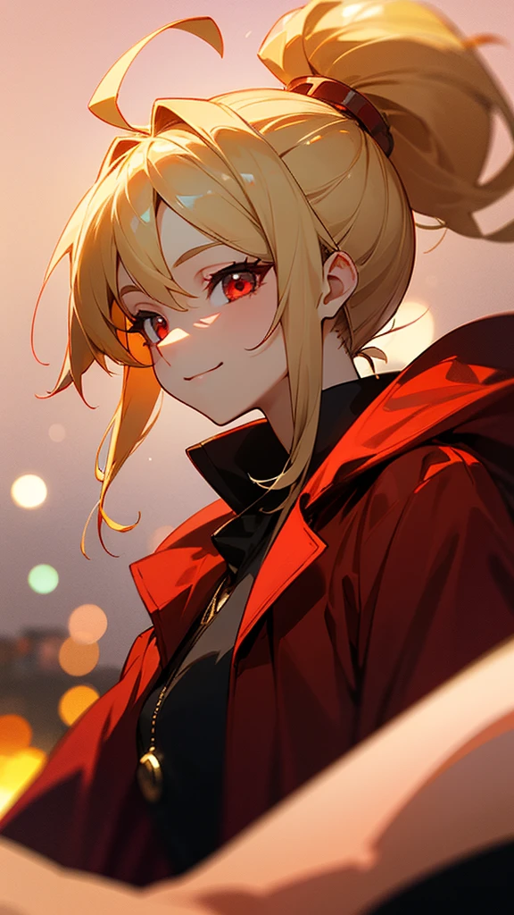 1 Girl、Sharp focus、(Bokeh) (Highest quality) (Detailed skin:1.3) (Intricate details) (anime)、 age、Blonde ponytail、Ahoge、Beautiful red eyes、smile、Red coat、White shirt、Slender body、From the side、Upper body close-up、Golden Hour Sky