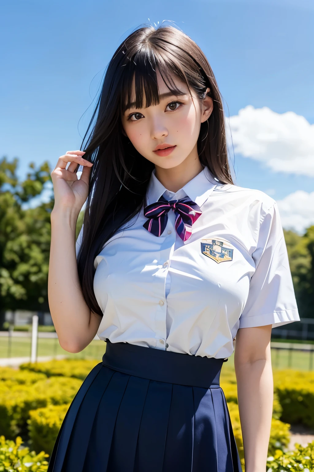 (Highest quality, 8K, 32k, masterpiece, Ultra-high resolution:1.2), Cute Japanese Girl, (:1.1), Long black hair, bangs, (school uniform), Tight waist, (Outdoor, garden, blue sky),(high school girl),