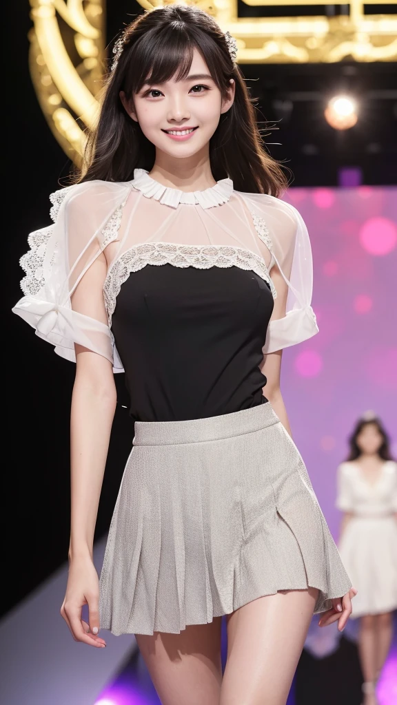 Amazingly large eyes、Smiling expression with white teeth visible、H cup bust、50cm waist、Slender and fair-skinned、Japan woman with long hair、20-year-old、Slim figure、Wearing a pleated skirt and a sheer lace blouse that flutters in the vivid breeze、Wearing high heels。On the runway at a fashion show、Her whole body was shown, from her high heels to her head, as she walked towards the viewer.、Bright, photo-quality images。